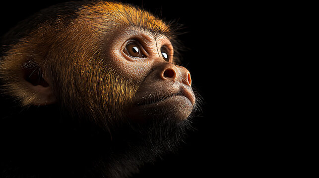 Portrait of a young primate with expressive eyes and a pensive expression. A focused gaze and detailed fur create an engaging and intimate composition.