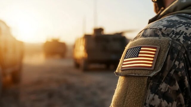 A close-up of a military uniform with a glowing U.S. flag patch, set against a blurred background of military vehicles.