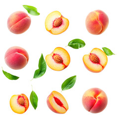 Fresh whole and halved apricots with green leaves isolated on transparent white background png, clipping path