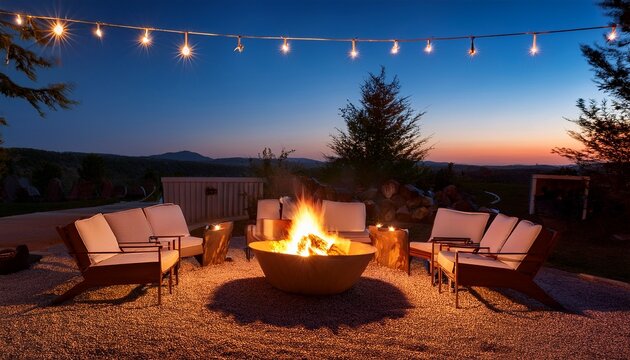 luxurious outdoor cinema experience with fire pit and string lights for relaxation at dusk
