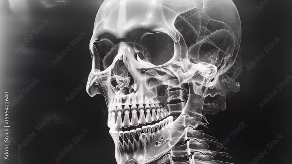 Poster x-ray of human skull and cervical spine showing anatomical structure and alignment in a clinical set