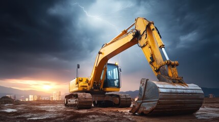 Yellow excavator on a construction site during stormy weather with lightning and a city skyline in the background at sunset.