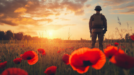 Poppy field soldier veteran's day war-torn. Poppies and soldier golden state soldier warrior silhouette. Memorial day wallpaper, soldier in the field, rememberance poppy. Soldier poppy Armistice Day