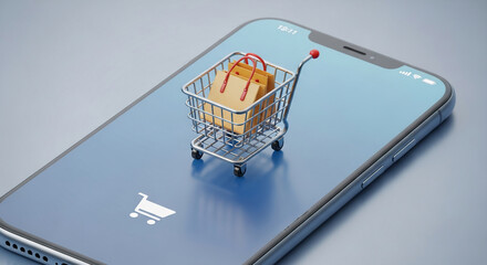 Mini shopping cart with paper bags on smartphone screen, symbolizing online shopping convenience and ease of purchase.  Free space for text or logo