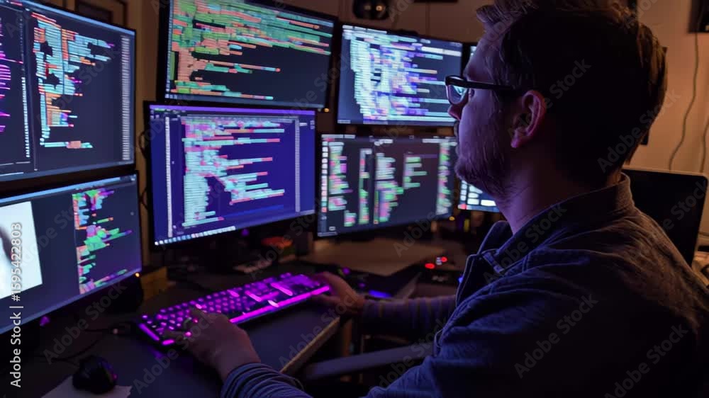 Poster developer focused on programming with multiple monitors in a modern workspace during nighttime hours