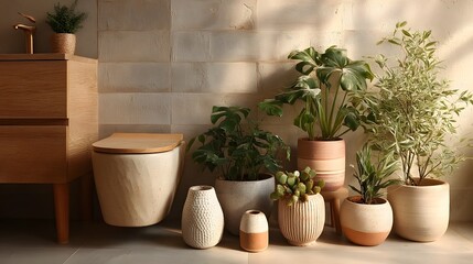 Fototapeta premium Cozy bathroom interior with lush houseplants and ceramic accents
