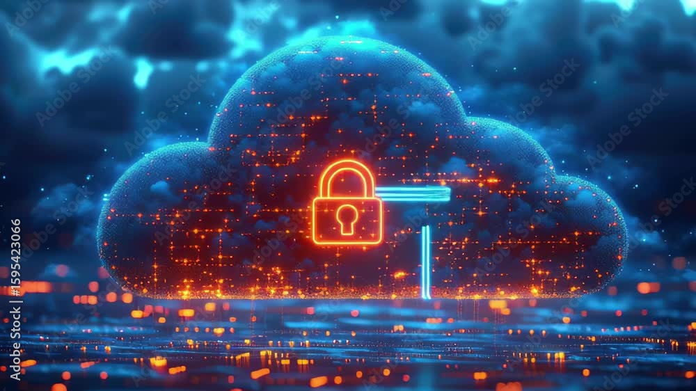 Poster digital cloud with a glowing lock symbol representing data security and privacy in a technology land