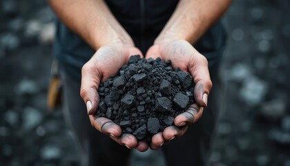 Hands hold pile of black coal lumps from open pit mine. Coal mining industry resource extraction. Fossil fuel energy source, heavy labor at quarry site. Power generation material.