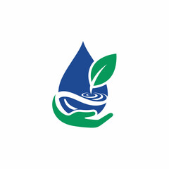 Naklejka premium A stylized logo depicting a water droplet with a plant, held by a hand.