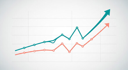 Two upward-trending lines graph, teal and coral, on a white grid background, showcasing growth and progress, ideal for business presentations or reports