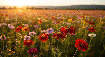 Scenic field of wildflowers at sunset featuring busy bees collecting pollen creating a vibrant and