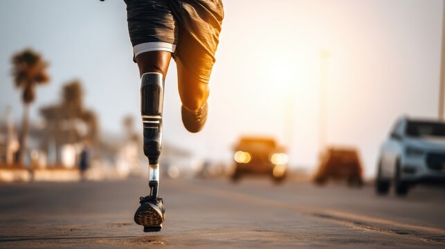A person with a prosthetic leg is running on a sunny street, symbolizing determination and resilience in an urban environment. - Powered by Adobe