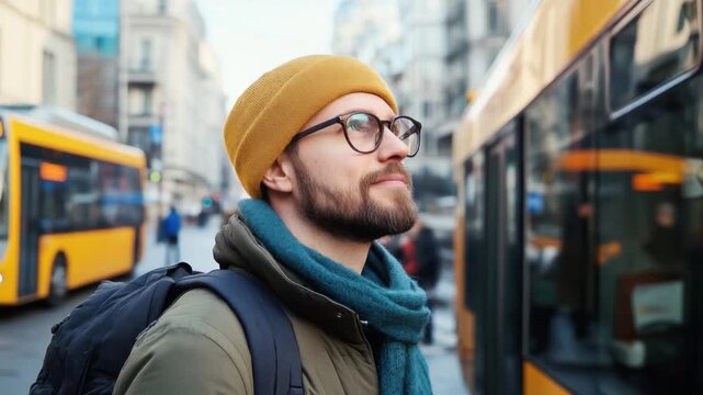 Traveler in the City: A contemplative traveler, adorned with stylish eyewear and winter attire, pauses beside a sleek city bus, embodying a sense of exploration and urban discovery.