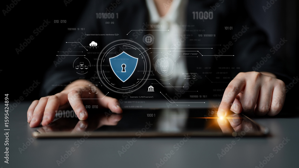 Poster cyber security interface with biometric and ai-powered protection system. cyber security secures acc