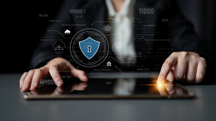 Cyber security interface with biometric and AI-powered protection system. Cyber security secures...