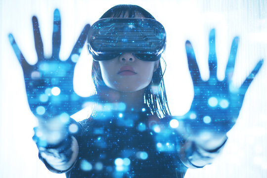 tudent in classroom exploring virtual reality and machine learning with AI-powered educational technology. Immersive learning experience with smart classroom tools and futuristic blue AI interface - Powered by Adobe
