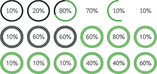 Circular progress bar icons, black and green ring chart, 16 data rings, 0 to 100 percent scale, digital graphic set, clean modern layout, tech minimal visuals