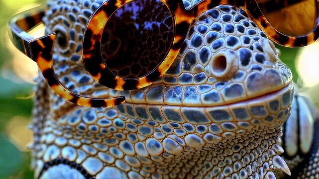 Close-up of lizard wearing stylish tortoise-shell sunglasses, evoking humorous animal portrait, quirky pet personality and playful wildlife photography with bold character expression