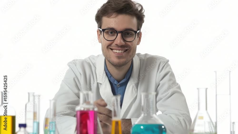 Poster a scientist in a lab coat sits at a table surrounded by test tubes, suggesting laboratory experiment