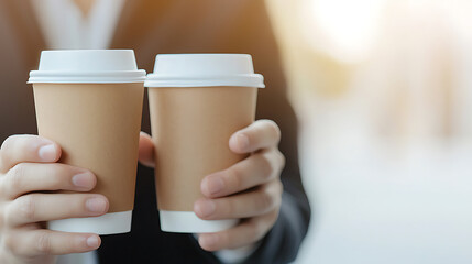 Two paper coffee cups being offered by a person in a dark blazer. Morning beverage concept, warm drinks, coffee break, sharing gesture.