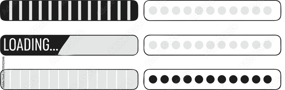 Poster infographic loading bars, black and white set, six different lengths, loading text, minimal style, c