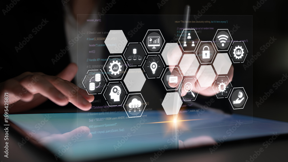 Poster hexagon interface combining ai, data, analytics, and cybersecurity. ai connects systems, data drives