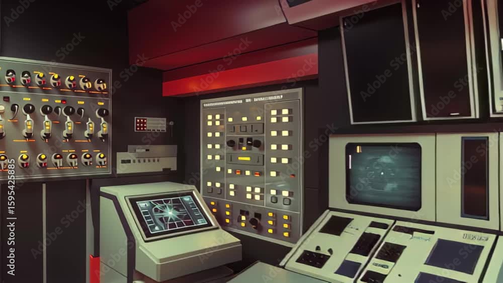 Poster control room featuring multiple monitors and console equipment in a retro-futuristic design