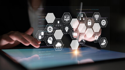 Hexagon interface combining AI, data, analytics, and cybersecurity. AI connects systems, data...