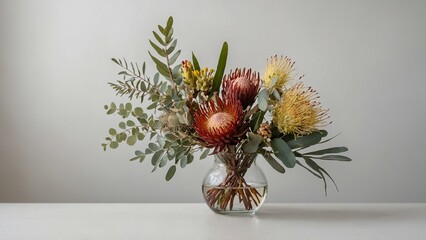 Beautiful floral arrangement of mostly Australian native flowers in a vase, including protea, banksia, kangaroo paw eucalyptus leaves and gum nuts on a white table with a white background.


