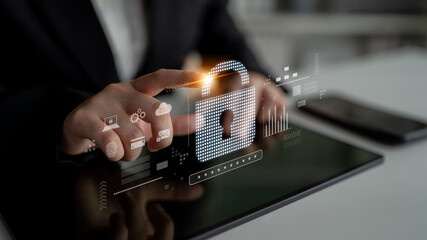 Cybersecurity protection system showing password encryption, fingerprint ID, cloud security, email,...