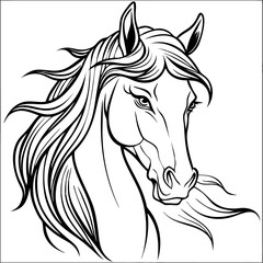 A striking black horse head silhouette vector illustration shows the wild mane of a running stallion