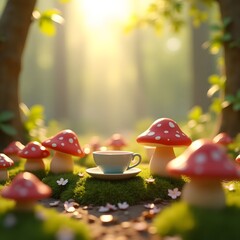 Magical tea party scene in forest – whimsical fairytale concept