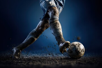 A muddy soccer player"s legs in motion, about to kick a ball on a dark, wet field.