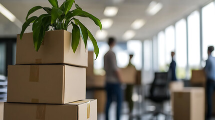 Office move in progress with stacked boxes. People are working, carrying things. Transition or relocation concept. Workplace dynamics and new beginnings.