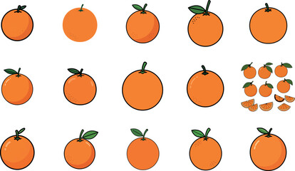 Collection of fresh ripe oranges with green leaves and slices isolated on a white background for healthy food design