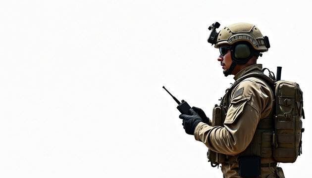 Soldier in tactical gear uses radio for communication. Military technology and preparedness evident in modern warfare context. Focused on defense, security, and readiness for operations.