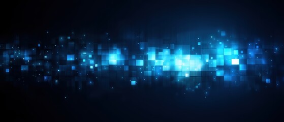 Obraz premium A digital abstract background featuring glowing blue squares and particles on a dark grid, symbolizing technology and futuristic data networks.