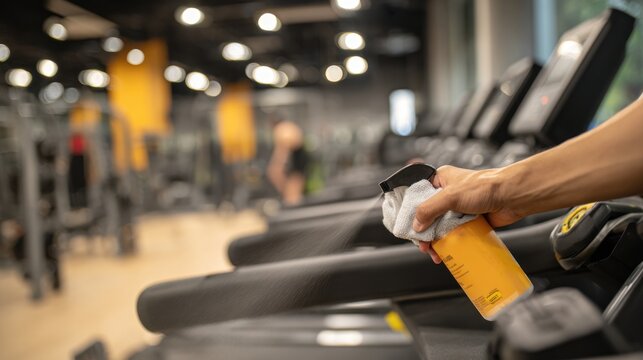 Person cleaning a gym treadmill