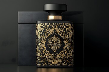 Luxury Black Perfume Bottle: Gold Damask Design, Elegant Packaging, Premium Fragrance