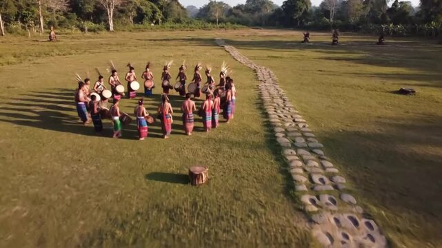 A captivating indigenous drum circle creating rhythm and harmony at the sacred stone path bathed in the warm morning