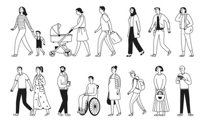 Set of people doing something. Crowd of people. Diversity and inclusion. Men, women and teenagers, people with disabilities. Vector illustration in doodle style.