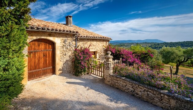 charming stone house with wooden gate and beautiful garden in provence