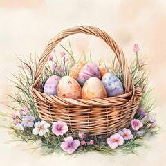 Easter Basket: Delicate Watercolor Painting of Pastel Eggs