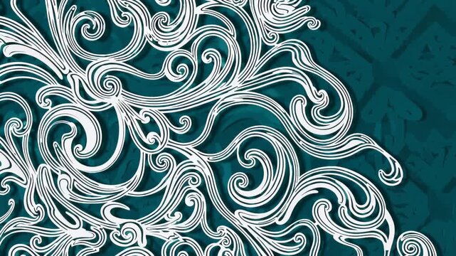 Elegant ornamental silver swirl pattern over rich teal background, ornate baroque style artwork used in luxury design, wallpaper, or decorative visual identity