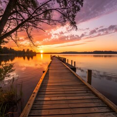 "Golden Path – Scenic View of a Wooden Pier Extending Peacefully into a Calm, Mirror-Like Lake During a Glowing Sunset, Surrounded by Serene Nature, Soft Reflections on Water, and a Warm, Golden-Hour 