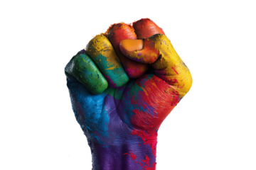 Raised Fist with Vibrant Rainbow Colors Symbolizing LGBTQ+ Pride, Front View, Isolated on Transparent Background