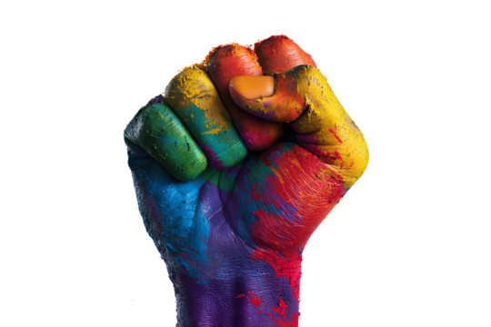 Raised Fist with Vibrant Rainbow Colors Symbolizing LGBTQ+ Pride, Front View, Isolated on Transparent Background