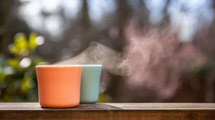 Two colorful mugs steaming outdoors on a wooden surface.