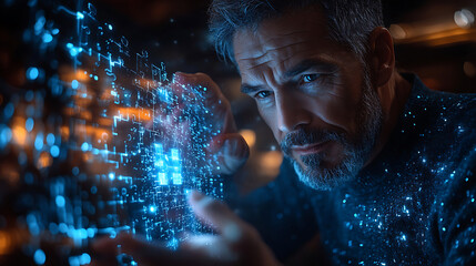 Man Interacting with Holographic Digital Interface, Futuristic Technology Concept
