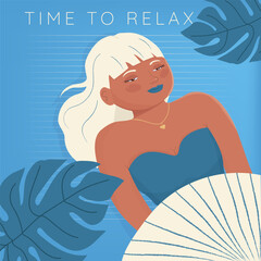 time to relax. Concept of summer party, vacation and travel. Woman in a swimsuit. Vector illustration in minimalistic style.